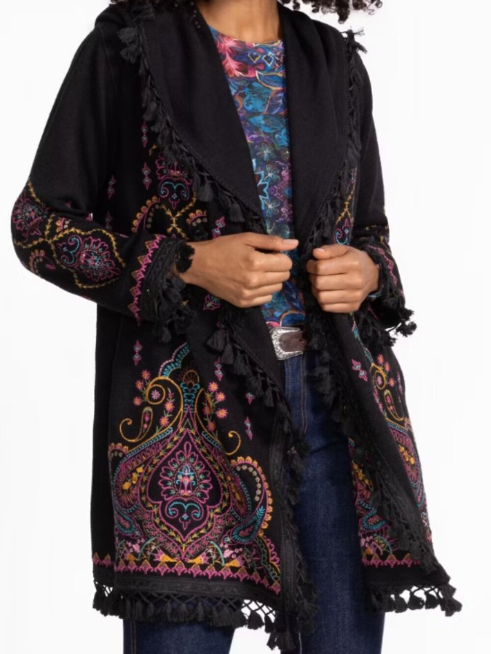 New L Johnny Was Biya Angelia Black Embroidered Fringed Hoodie Sweater Cardigan